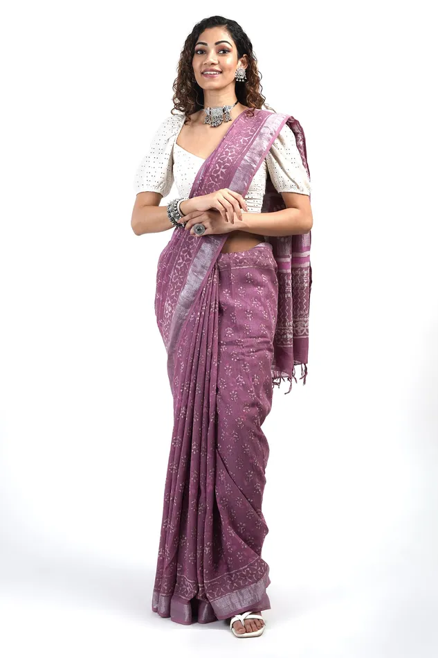 Teejh Tint of Tulip Block Print Linen Cotton Saree With Blouse Piece Teejh Necklaces