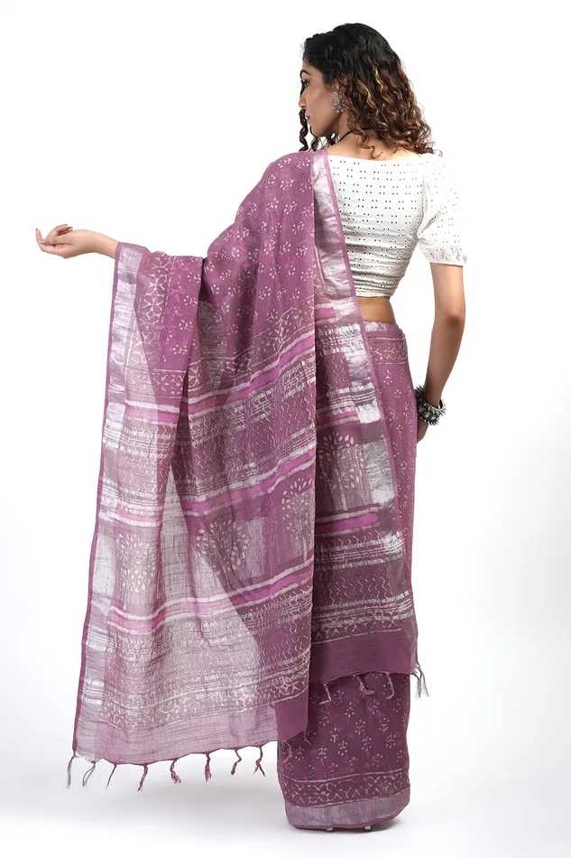 Teejh Tint of Tulip Block Print Linen Cotton Saree With Blouse Piece Teejh Necklaces