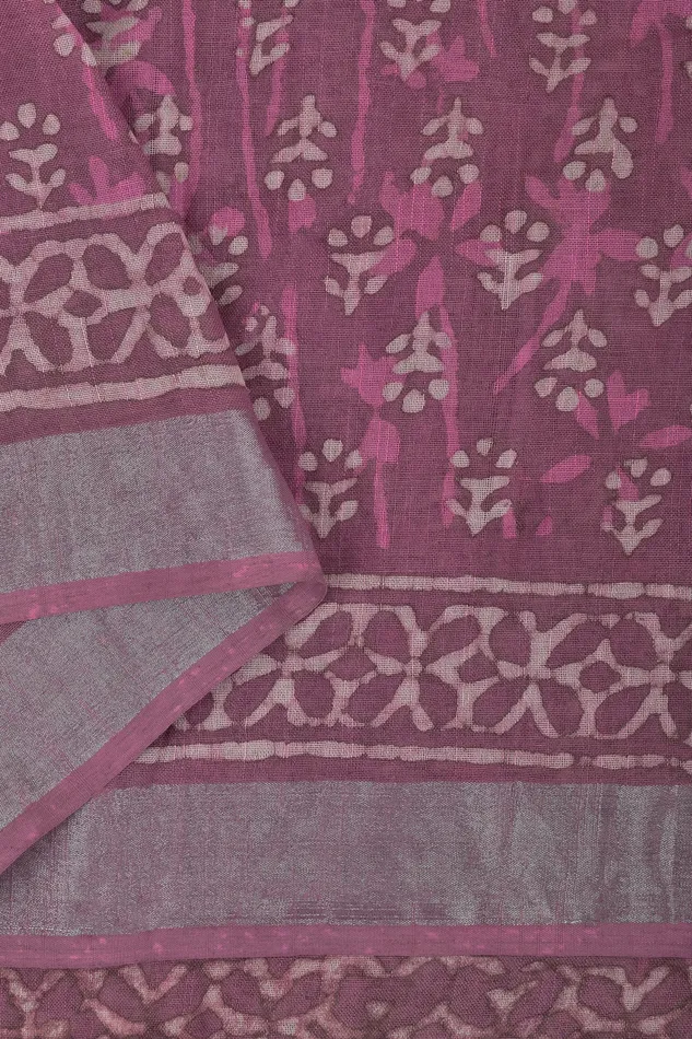 Teejh Tint of Tulip Block Print Linen Cotton Saree With Blouse Piece Teejh Necklaces