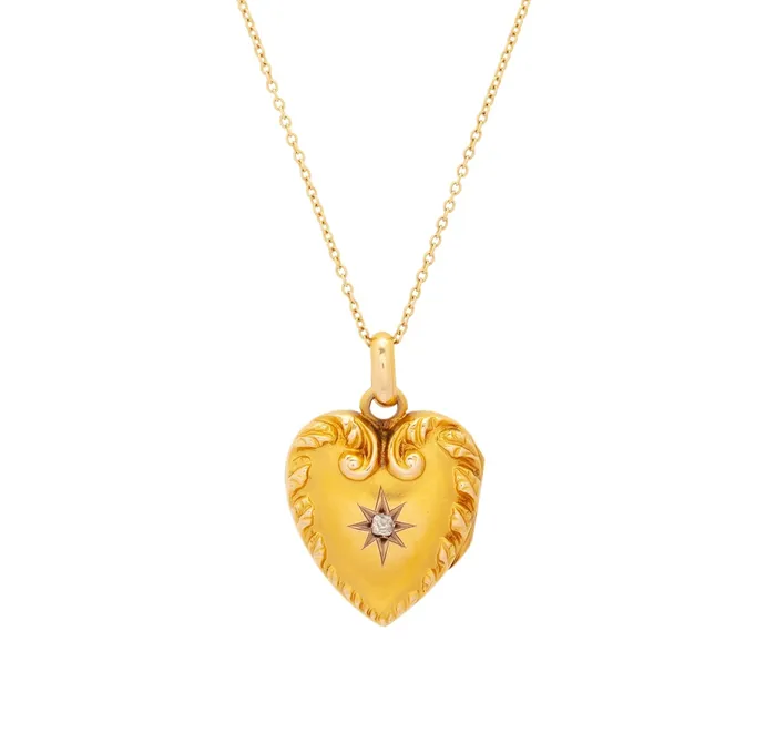 Victorian Diamond And 14K Gold Marie Engraved Heart Locket Antique Necklaces Victorian Diamond And 14K Gold Marie Engraved Heart Locket Antique Necklaces