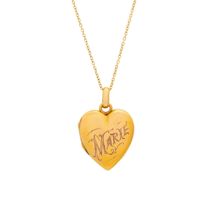 Victorian Diamond And 14K Gold Marie Engraved Heart Locket Antique Necklaces