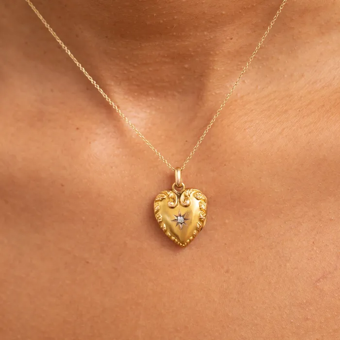 Victorian Diamond And 14K Gold Marie Engraved Heart Locket Antique Necklaces