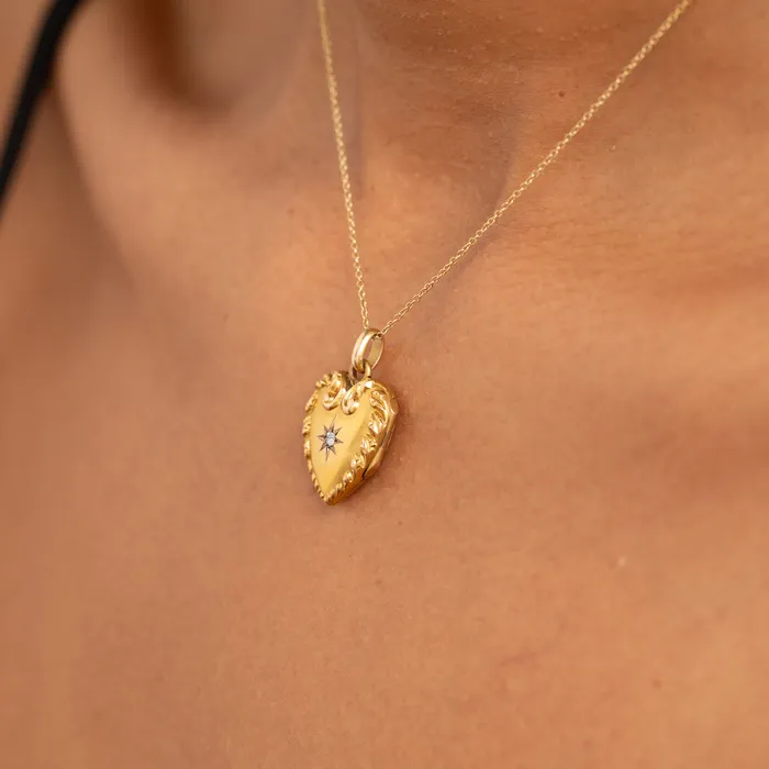 Victorian Diamond And 14K Gold Marie Engraved Heart Locket Antique Necklaces