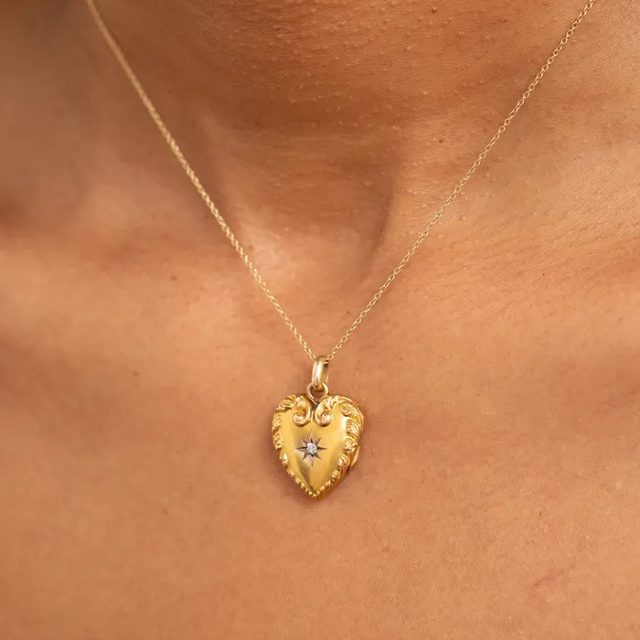Victorian Diamond And 14K Gold Marie Engraved Heart Locket Antique Necklaces