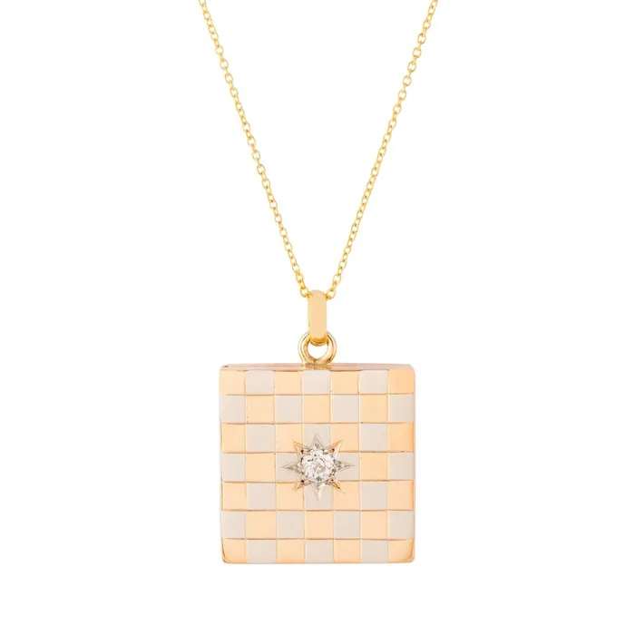 Victorian Platinum and Rose Gold Checkerboard Diamond Starburst Locket Antique Necklaces Victorian Platinum and Rose Gold Checkerboard Diamond Starburst Locket Antique Necklaces