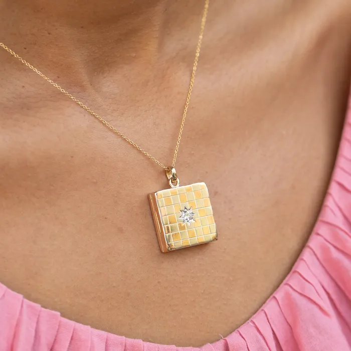 Victorian Platinum and Rose Gold Checkerboard Diamond Starburst Locket Antique Necklaces