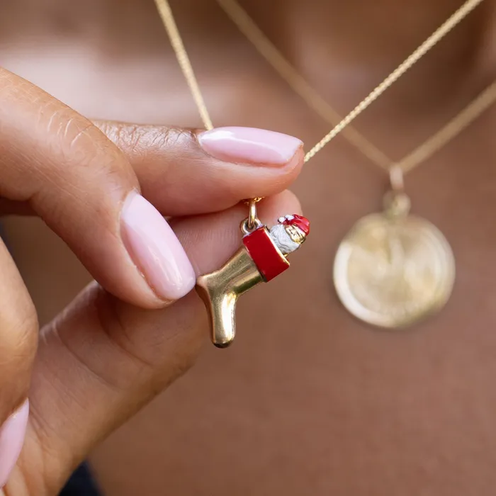 Vintage Earrings Santa Stocking 14k Gold And Enamel Charm