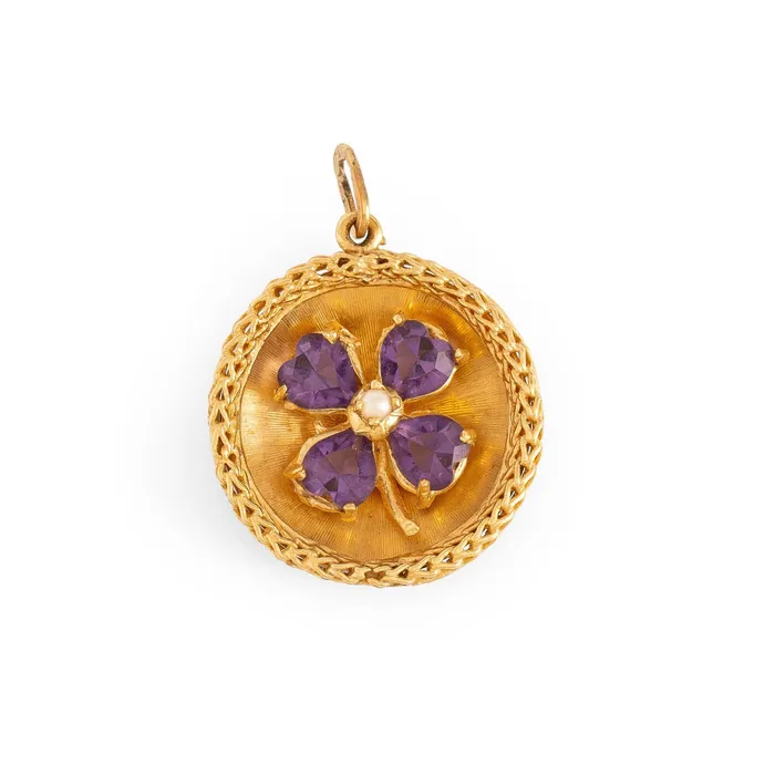 Vintage Necklaces Italian Large Amethyst with Pearl Clover and 10k Gold Charm Necklace Vintage Necklaces Italian Large Amethyst with Pearl Clover and 10k Gold Charm Necklace