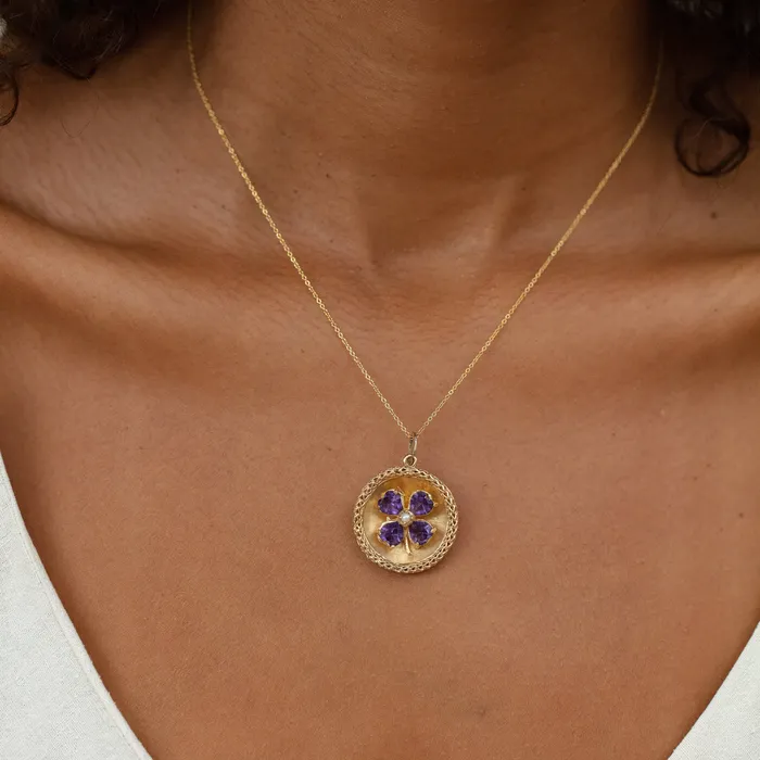 Vintage Necklaces Italian Large Amethyst with Pearl Clover and 10k Gold Charm Necklace