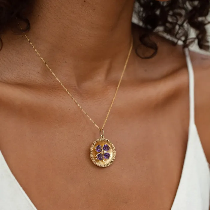Vintage Necklaces Italian Large Amethyst with Pearl Clover and 10k Gold Charm Necklace