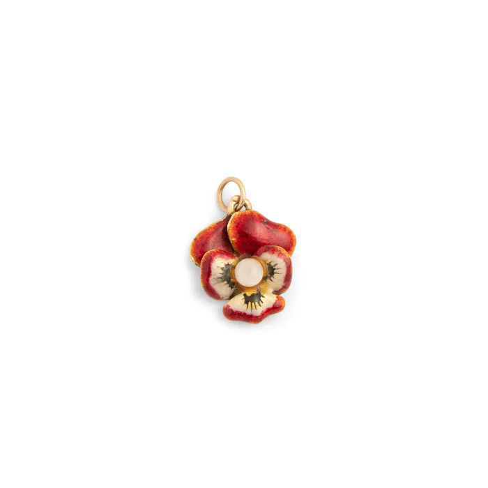 Vintage Red Enamel Pearl and 14K Gold Pansy Charm Earrings