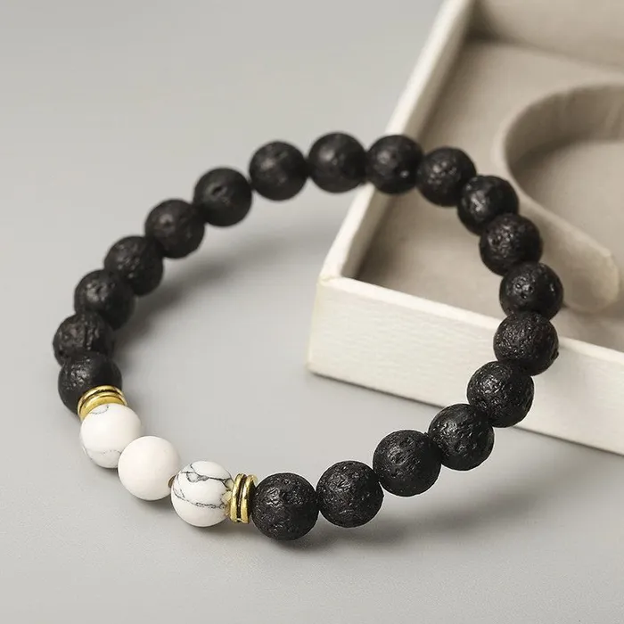 01 B327 Black Volcanic Stone White Crackle Bead Bracelet Bracelets