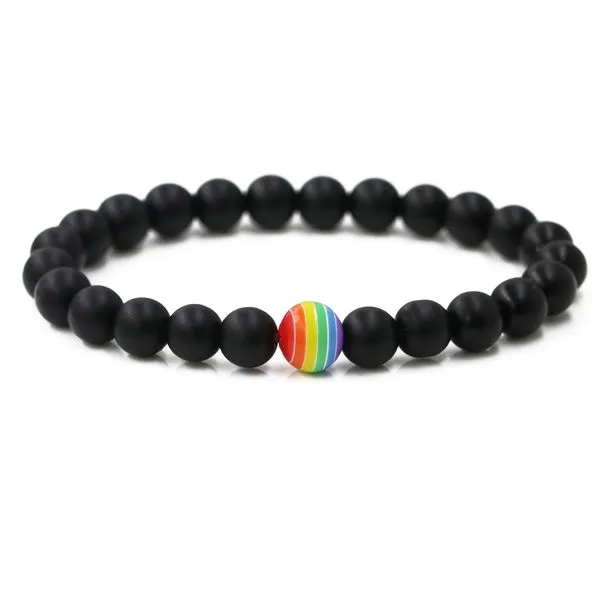 01 Bracelets B23 Smooth Black Stone Rainbow Pride Bracelet