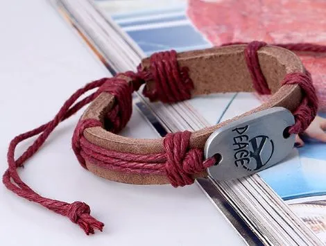 01 Bracelets B272 Brown Leather Red Cord Peace Bracelet