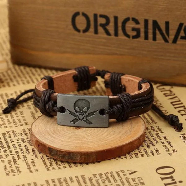 01 Bracelets B638 Dark Brown Cord Lightning Skull Bracelet