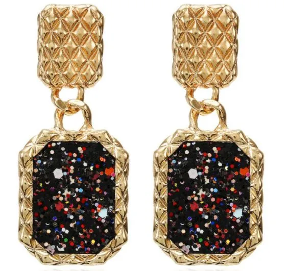 01 Earrings E1177 Gold Textured Rectangle Black Glitter Earrings