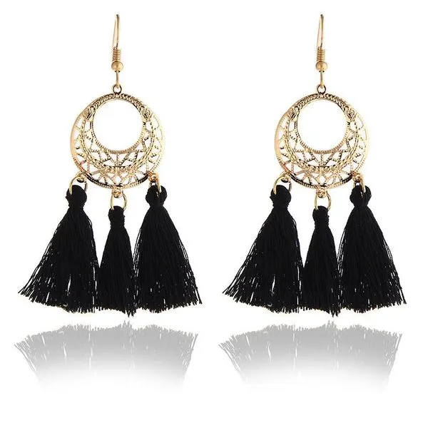 01 Earrings E404 Gold Black Tassel Earrings