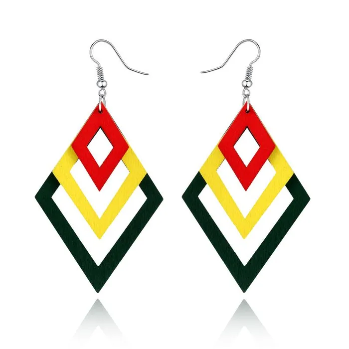 01 Earrings E874 Large Wooden YellowRedGreen Diamond Design Earrings