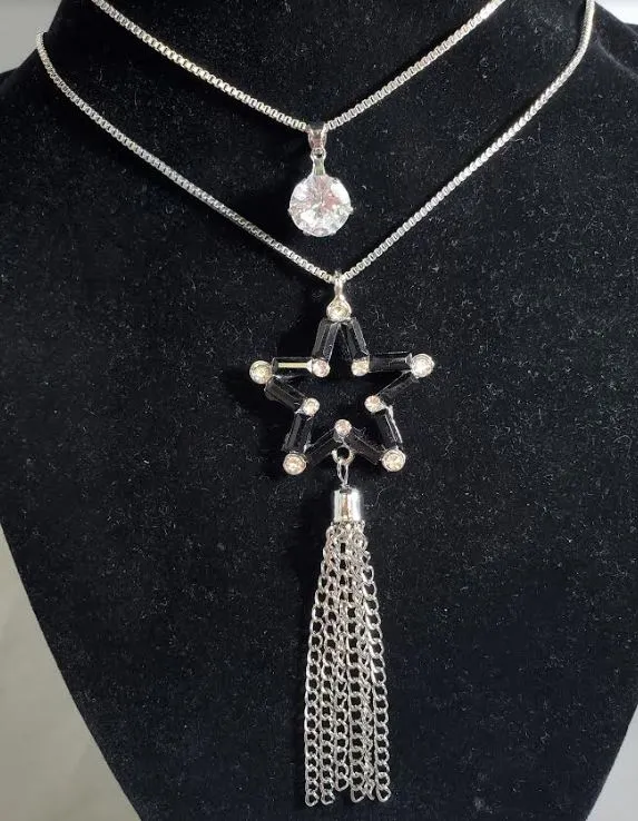 01 Necklaces AZ71 Silver Black Star Chain Dangle Necklace with FREE Earrings