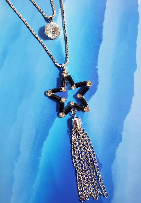 01 Necklaces AZ71 Silver Black Star Chain Dangle Necklace with FREE Earrings