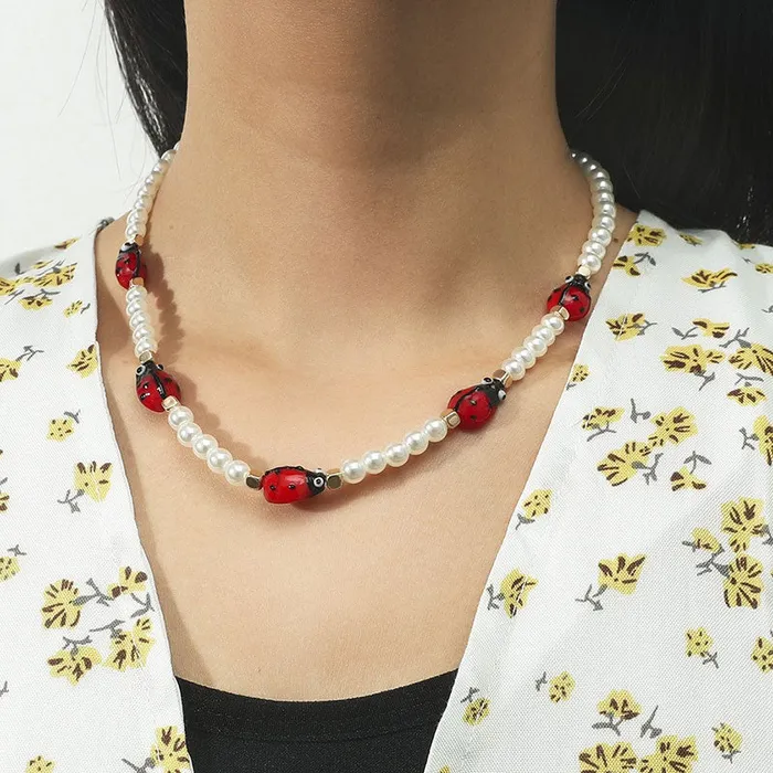 01 Necklaces N1975 Gold Pearl Ladybug Necklace with FREE Earrings