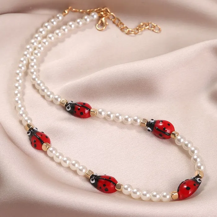 01 Necklaces N1975 Gold Pearl Ladybug Necklace with FREE Earrings