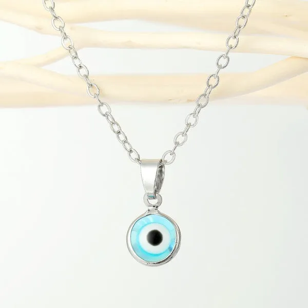 01 Necklaces N2187 Silver Dainty Light Blue Eye Necklace with FREE Earrings