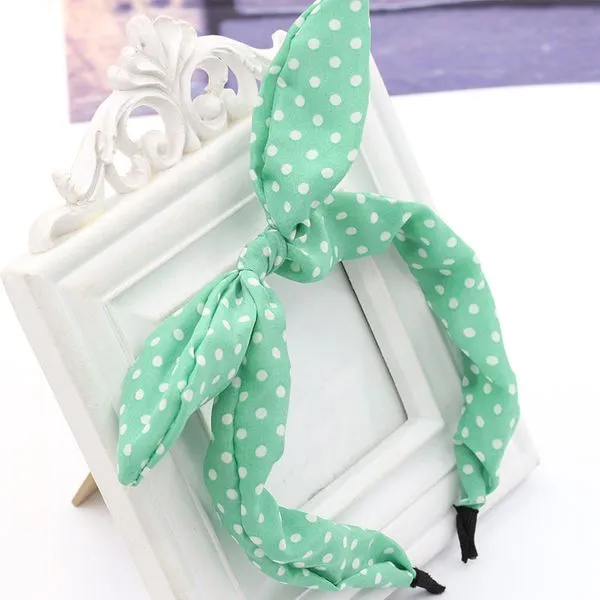 01 Rings H642 Mint Green White Polka Dot Fabric Covered Head Band with Bow