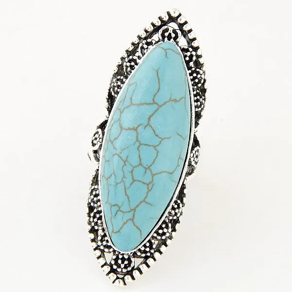 01 Rings R182 Silver Turquoise Crackle Stone Ring