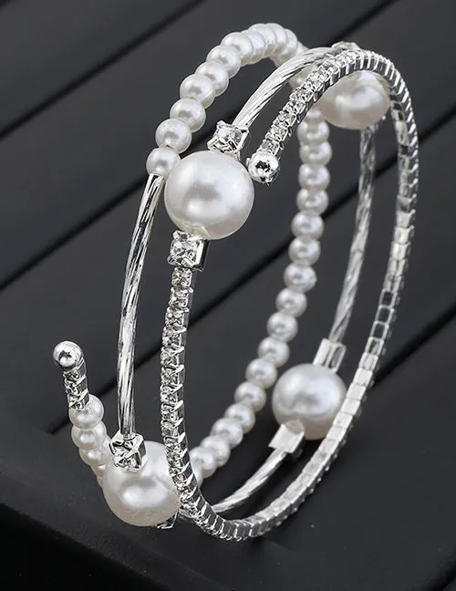 02 Bracelets B1143 Silver Pearl Rhinestone Bracelet
