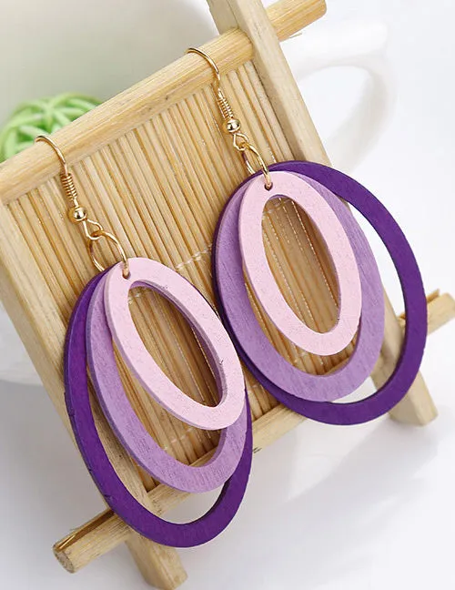 02 Earrings E663 Triple Ovals Shades of Lavender Wooden Earrings