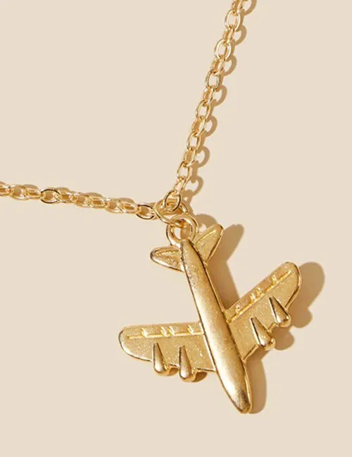 02 N1088 Gold Dainty Airplane Necklace with Free Earrings Necklaces