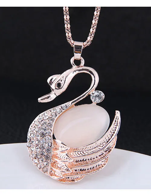 02 Necklaces N1953 Rose Gold Moonstone Swan Necklace with FREE EARRINGS