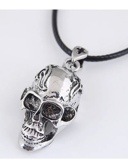 02 Necklaces N96 Silver Skull Pendant on Leather Cord Necklace