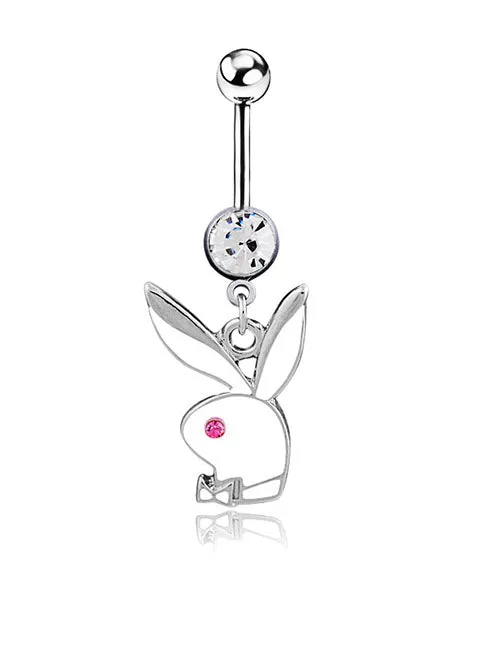 02 Rings P151 Silver White Enamel Bunny Rabbit Belly Button Ring