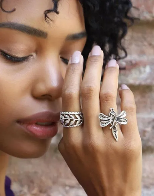 02 Rings RS81 Silver Dragonfly 2 pc Ring Set