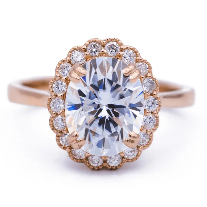 10x8mm Oval Center 14K Rose Gold Halo with Milgrain Diamond Ring Fire Brilliance Rings 10x8mm Oval Center 14K Rose Gold Halo with Milgrain Diamond Ring Fire Brilliance Rings