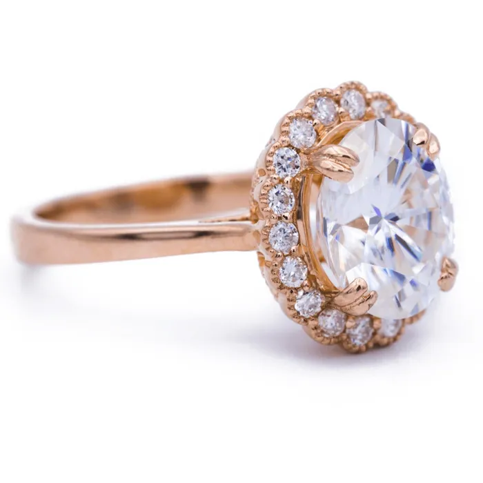 10x8mm Oval Center 14K Rose Gold Halo with Milgrain Diamond Ring Fire Brilliance Rings