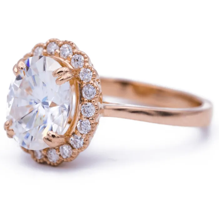10x8mm Oval Center 14K Rose Gold Halo with Milgrain Diamond Ring Fire Brilliance Rings