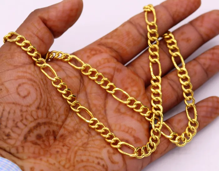 22kt yellow gold handmade fabulous figaro link chain 18 inches long 6 mm excellent attractive stylish unisex gifting chain necklace TRIBAL ORNAMENTS Necklaces