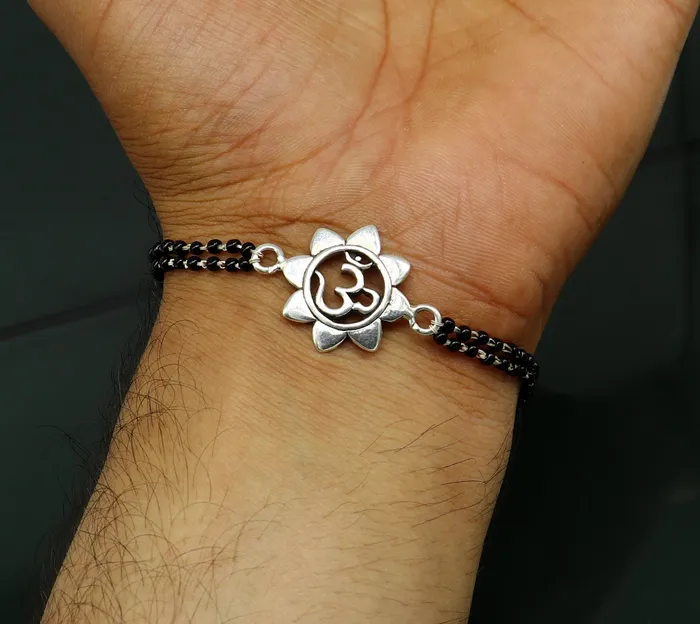 925 Sterling silver customized black beaded AUMOM Rakhi or bracelet best gift for your brothers for special personalized gifing rk016 TRIBAL ORNAMENTS Bracelets 925 Sterling silver customized black beaded AUMOM Rakhi or bracelet best gift for your brothers for special personalized gifing rk016 TRIBAL ORNAMENTS Bracelets