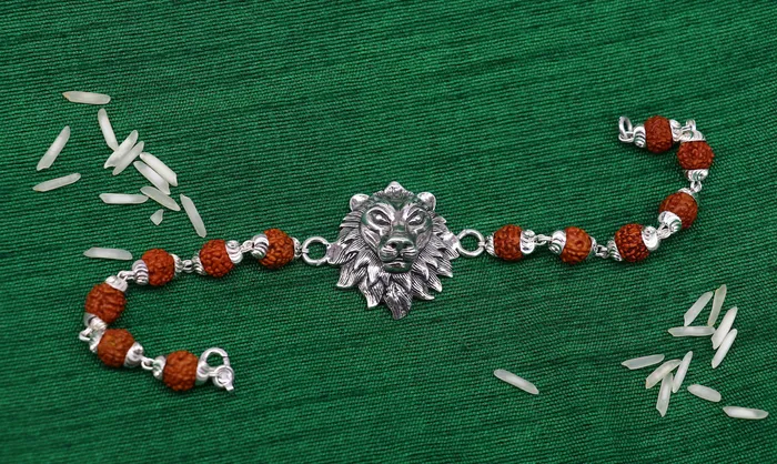 925 Sterling silver customized rudraksha beaded lion Rakhi or bracelet special best wishes gift for your brother rk005 TRIBAL ORNAMENTS Bracelets