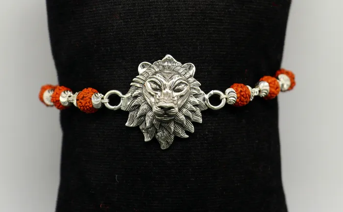 925 Sterling silver customized rudraksha beaded lion Rakhi or bracelet special best wishes gift for your brother rk005 TRIBAL ORNAMENTS Bracelets