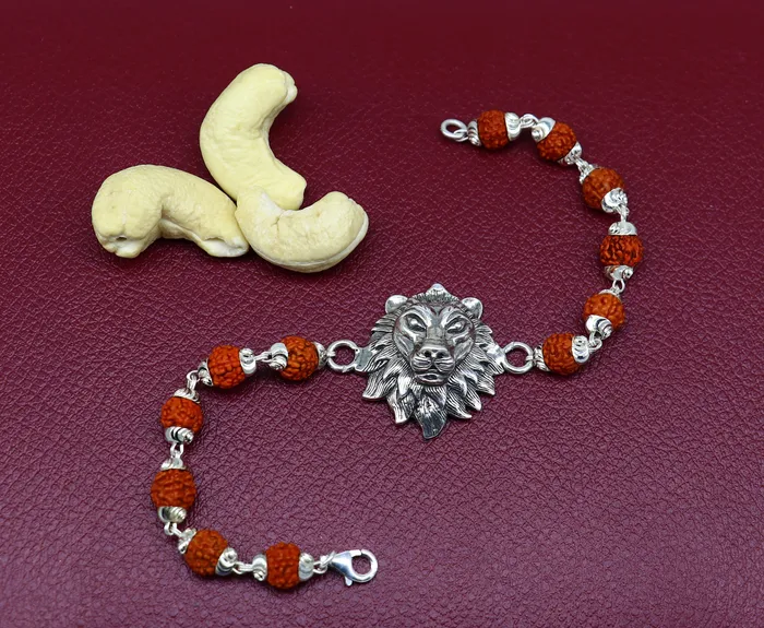 925 Sterling silver customized rudraksha beaded lion Rakhi or bracelet special best wishes gift for your brother rk005 TRIBAL ORNAMENTS Bracelets