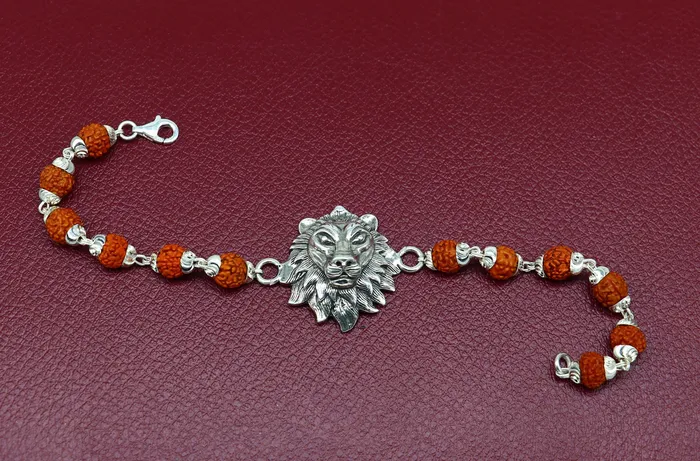 925 Sterling silver customized rudraksha beaded lion Rakhi or bracelet special best wishes gift for your brother rk005 TRIBAL ORNAMENTS Bracelets