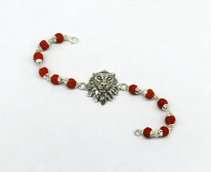 925 Sterling silver customized rudraksha beaded lion Rakhi or bracelet special best wishes gift for your brother rk005 TRIBAL ORNAMENTS Bracelets
