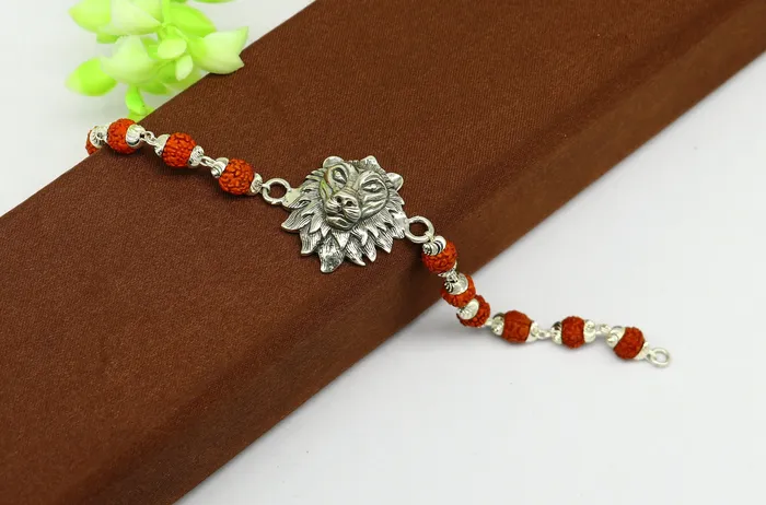 925 Sterling silver customized rudraksha beaded lion Rakhi or bracelet special best wishes gift for your brother rk005 TRIBAL ORNAMENTS Bracelets