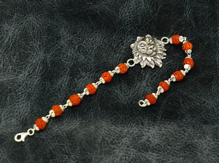 925 Sterling silver customized rudraksha beaded lion Rakhi or bracelet special best wishes gift for your brother rk005 TRIBAL ORNAMENTS Bracelets