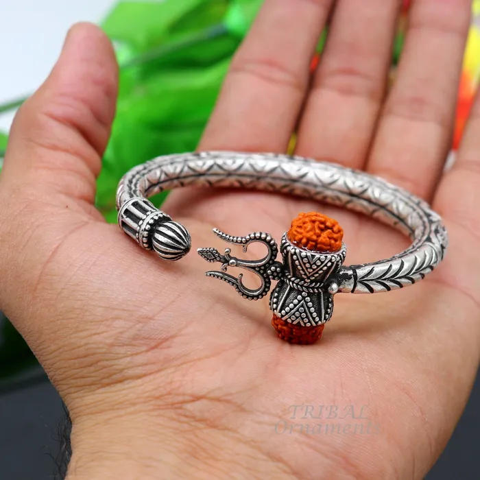 925 Sterling silver handmade chitai work Lord Shiva trident trishul kada bangle bracelet with natural Rudraksha customized kada nsk419 TRIBAL ORNAMENTS Bracelets 925 Sterling silver handmade chitai work Lord Shiva trident trishul kada bangle bracelet with natural Rudraksha customized kada nsk419 TRIBAL ORNAMENTS Bracelets