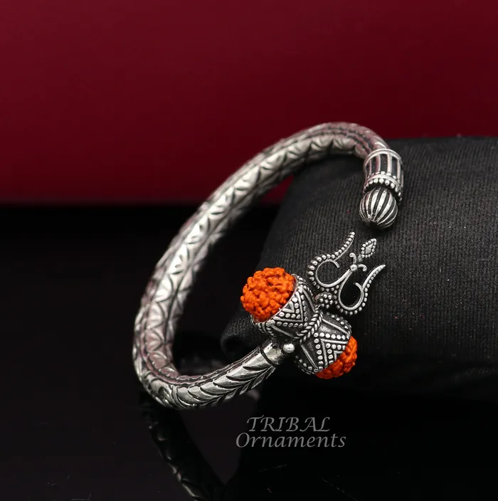 925 Sterling silver handmade chitai work Lord Shiva trident trishul kada bangle bracelet with natural Rudraksha customized kada nsk419 TRIBAL ORNAMENTS Bracelets